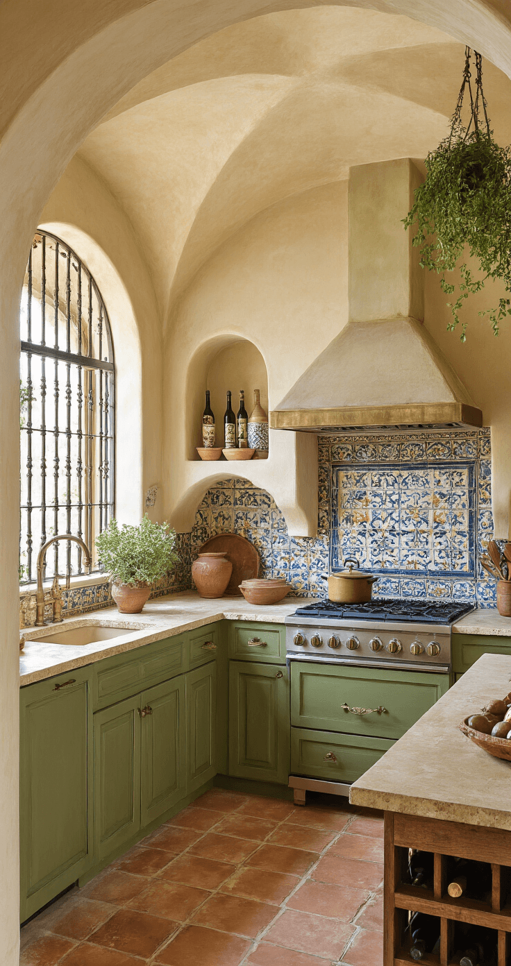 Olijfgroene Keuken: Waarom Deze Trendy Kleur Je Kookruimte Compleet Transformeert Mediterraneaanse keuken in olijfgroen met een afmeting van 12x14 voet, boogdeuren en textuur van stuccowanden in warm crème, doordrongen van gouden namiddagzonlicht dat door smeedijzeren vensterlatten filtert, met saliegroene kasten, natuurlijke travertijn aanrechtbladen, handgeschilderde keramische tegelachterwand in blauw en terracotta, koperen afzuigkap, open niches voor olijfolie en keramische schalen, verweerde terracottategels, hangende kruiden in kleine kleipotten, vintage houten wijnrek geïntegreerd in de kasten, vrij ontspannen en sun-soaked kustsfeer met rustieke elegance.