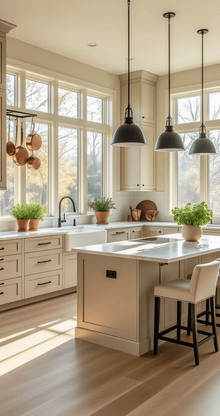 Beige Keuken: De Tijdloze Trend Die Je Huis Transformeert Moderne beige keuken met greige kastfronten in matte afwerking, L-vormige indeling met centraal eiland, ochtendlicht door grote ramen, witte kwarts werkbladen en zwart matte hardware, natuurlijke eikenhouten vloeren, en koperen pannen aan een rail.