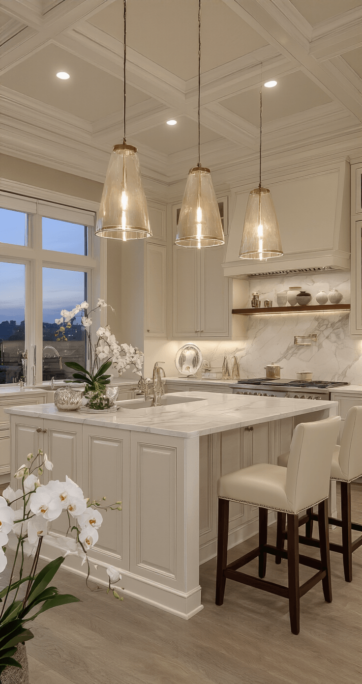 Beige Keuken: De Tijdloze Trend Die Je Huis Transformeert Panoramisch avondinterieur van een elegante beige en witte keuken met champagnebeige bovenkasten en witte onderkasten, verlichte hanglampen boven een marmeren eiland, en uitzicht op architectonische details zoals een lijstwerkplafond en kroonlijsten.