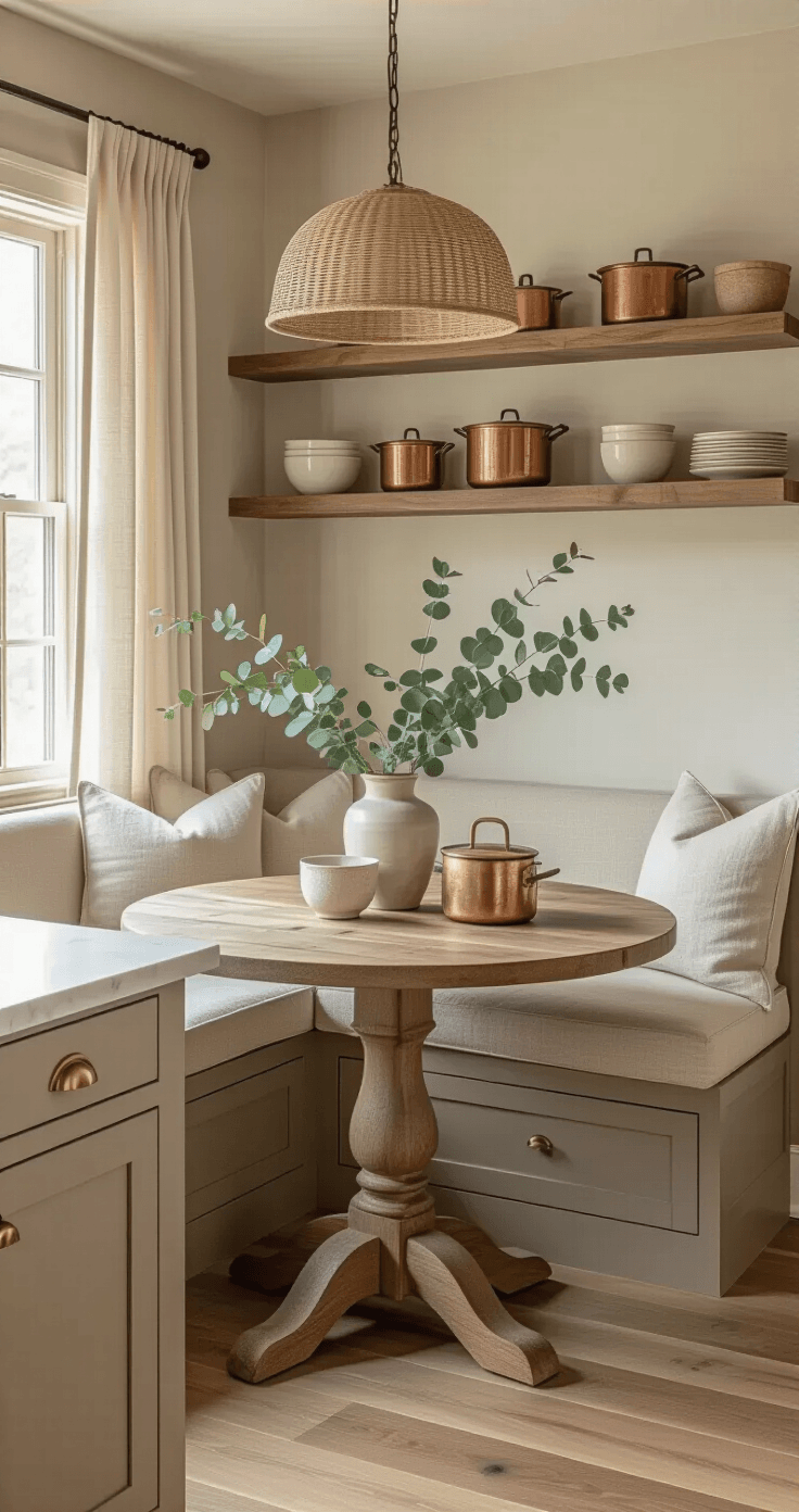 Beige Keuken: De Tijdloze Trend Die Je Huis Transformeert Intieme hoekopstelling van een taupe keuken met een gezellige ontbijthoek verlicht door zacht ochtendlicht, een ronde tafel met een ingebouwde bank in crèmekleurige linnen, vintage koperen potten en crème aardewerk op drijvende planken, gestyled met eucalyptus in een keramieken vaas.