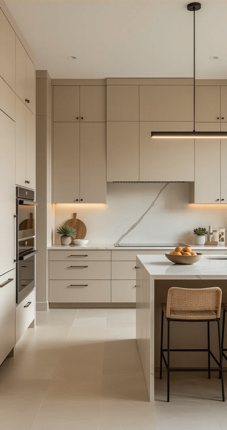 Beige Keuken: De Tijdloze Trend Die Je Huis Transformeert Dramatisch breedbeeld van een eigentijdse beige keuken tijdens het gouden uur, met vloer-tot-plafond kastjes in paddenstoelbeige, een groot kookeiland met wit marmeren blad, zwarte matte apparaten en natuurlijk licht dat door clerestory ramen stroomt.