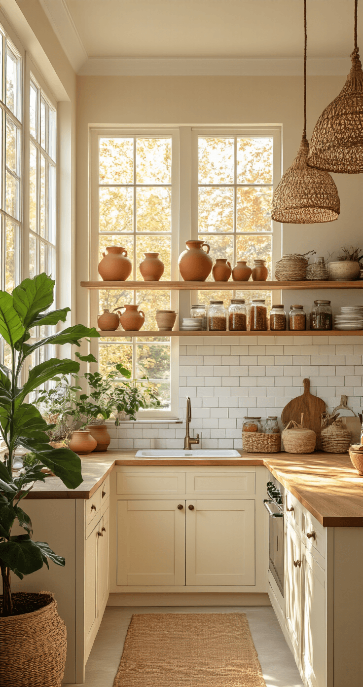 Boho keuken inrichten: Zo creëer ik een warme, eclectische bohemian sfeer in mijn keuken A cozy Dutch boho kitchen featuring warm oak countertops, cream-colored cabinets, and a white subway tile backsplash. Natural light floods the space through large windows, illuminating reclaimed wood shelves adorned with terracotta pottery and vintage glass jars. A large fiddle leaf fig plant and hanging pothos add greenery, while woven rattan pendant lights and vintage copper pots enhance the aesthetic. A Persian runner rug with geometric patterns lies beneath the kitchen island in a palette of sandy beige, terracotta orange, mustard yellow, and olive green accents.