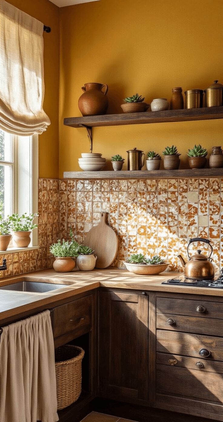 Boho keuken inrichten: Zo creëer ik een warme, eclectische bohemian sfeer in mijn keuken Photorealistic Dutch kitchen with handmade mosaic tile backsplash in warm terracotta and cream tones, featuring dark wood open shelving with vintage earthenware, a mustard yellow accent wall, and natural beige linen curtains, illuminated by afternoon light.