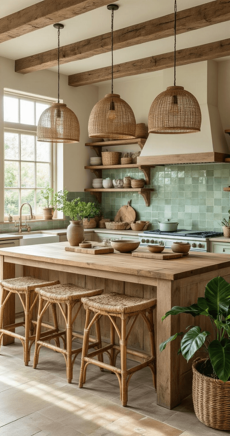 Boho keuken inrichten: Zo creëer ik een warme, eclectische bohemian sfeer in mijn keuken A photorealistic Dutch kitchen island in a bohemian style, featuring a large reclaimed wood island with vintage cutting boards, rattan bar stools, and layered pendant lights. The open shelving displays handwoven baskets and herbs, complemented by a sage green zellige tile backsplash and exposed wooden beams above. Warm golden hour lighting enhances the cozy, sophisticated ambiance.