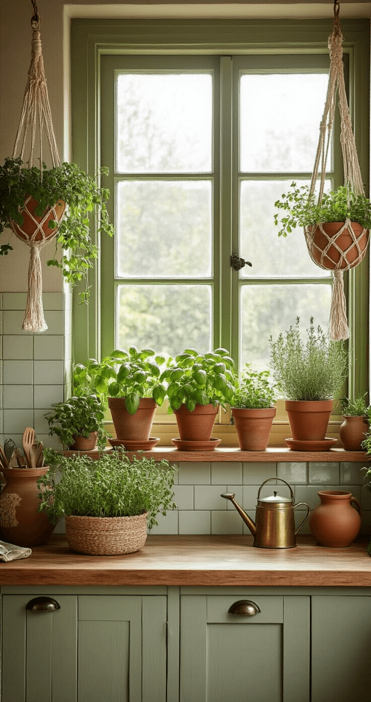 Boho keuken inrichten: Zo creëer ik een warme, eclectische bohemian sfeer in mijn keuken Photorealistic Dutch boho kitchen herb garden with mismatched terracotta pots of basil, rosemary, and thyme on a wooden shelf, bathed in soft morning light. Macramé hangers and a vintage watering can add charm to the warm sage green subway-tiled window area, complemented by natural tones and handmade ceramic labels.
