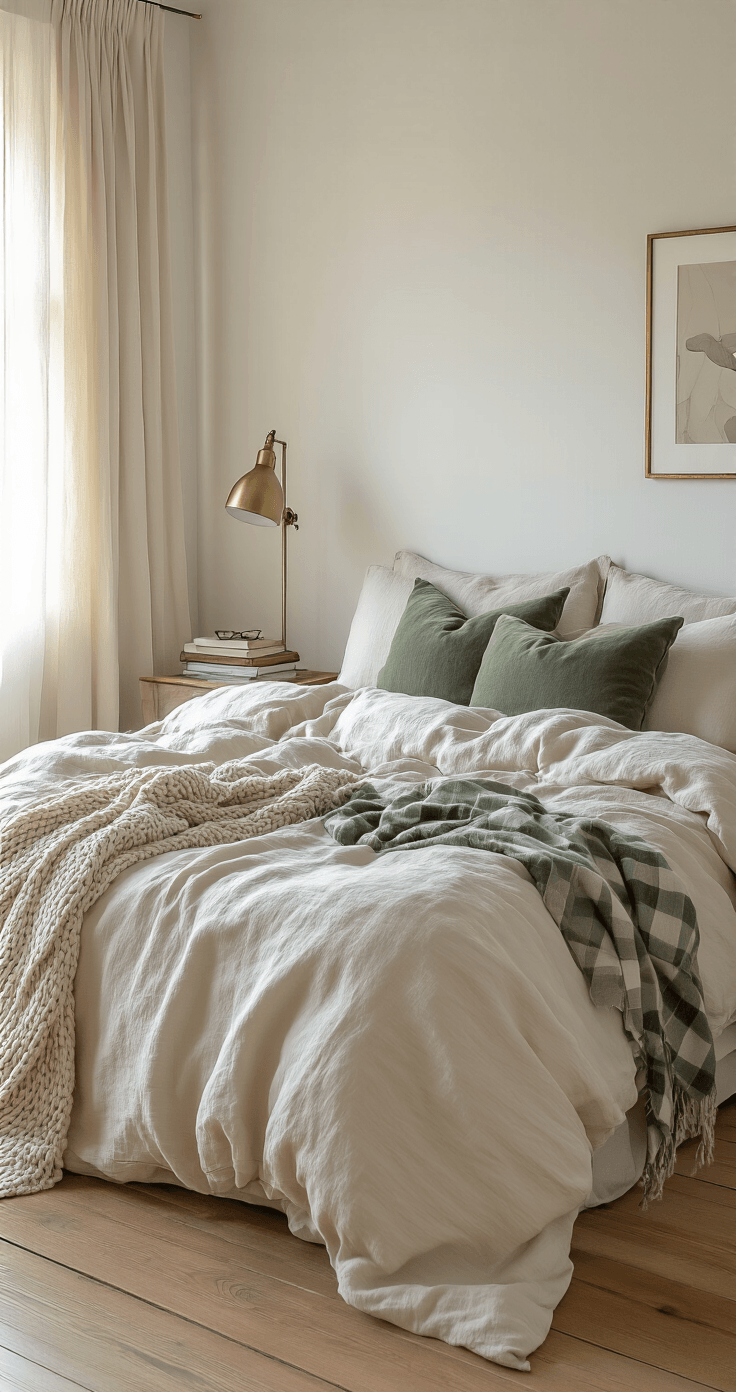 Jouw Slaapkamer Omtoveren tot een Gezellige Oase: Mijn Complete Gids Photorealistic Dutch bedroom interior featuring an unmade bed with cream linen bedding and sage green velour pillows, warm natural light illuminating hardwood floors through sheer curtains, enhancing cozy details like a chunky knit blanket, vintage brass lamp, and books on the nightstand.