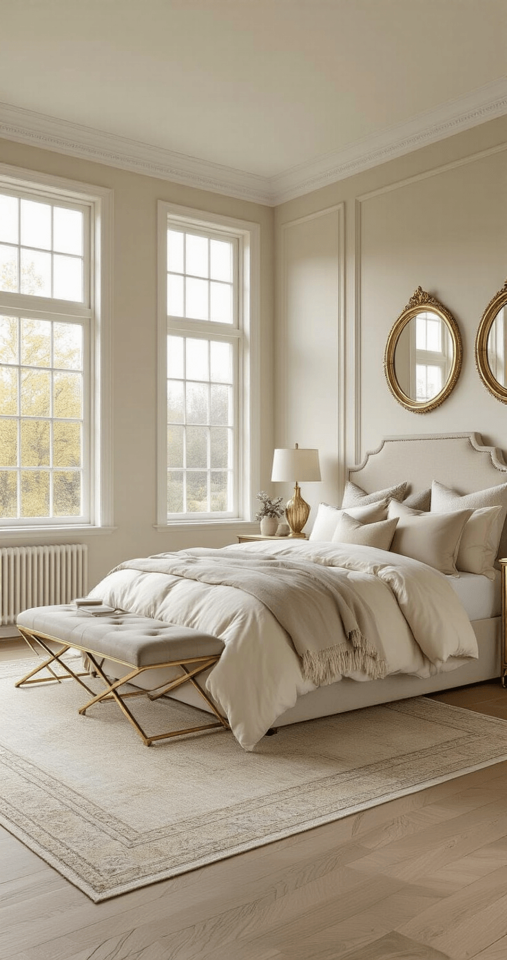 Jouw Slaapkamer Omtoveren tot een Gezellige Oase: Mijn Complete Gids Photorealistic Dutch bedroom featuring a crème, warm grey, and gold color scheme, showcasing a spacious design with crown molding, tall windows, and diffused afternoon light. The room includes an upholstered warm grey headboard, cream bedding, and brass nightstands with geometric patterns, complemented by gold-framed mirrors, cream ceramic vases, and grey textured throw pillows. Soft linens, brushed metals, and natural oak flooring enhance the serene atmosphere, accentuated by fresh eucalyptus and crystal decor.