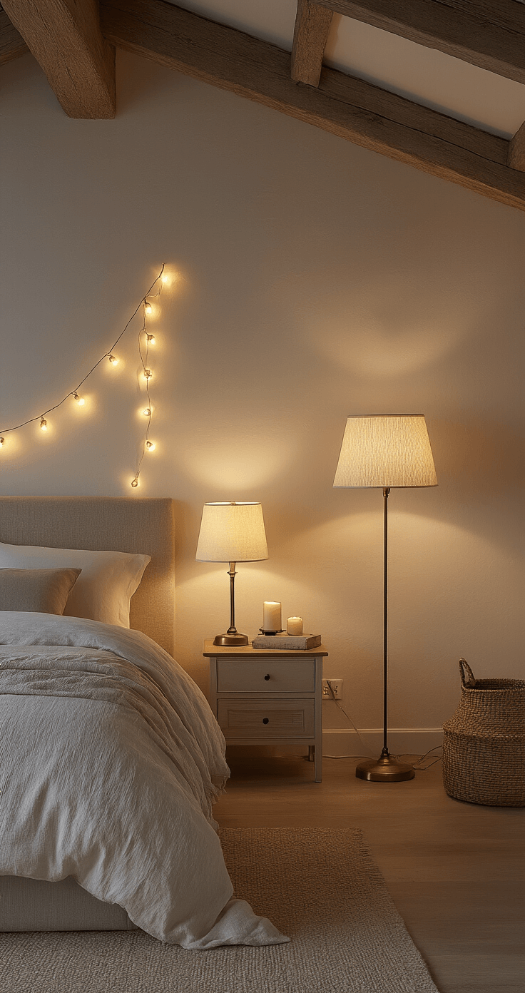 Jouw Slaapkamer Omtoveren tot een Gezellige Oase: Mijn Complete Gids Photorealistic Dutch bedroom with warm twilight lighting, featuring soft light sources like a bedside lamp, corner floor lamp, and string lights. Exposed ceiling beams and intimate dimensions enhance the cozy atmosphere, complemented by brass and copper fixtures, layered textures, and a warm color palette of whites and ambers. Dramatic chiaroscuro effects create gentle shadows on the walls, capturing a magical and intimate ambiance.