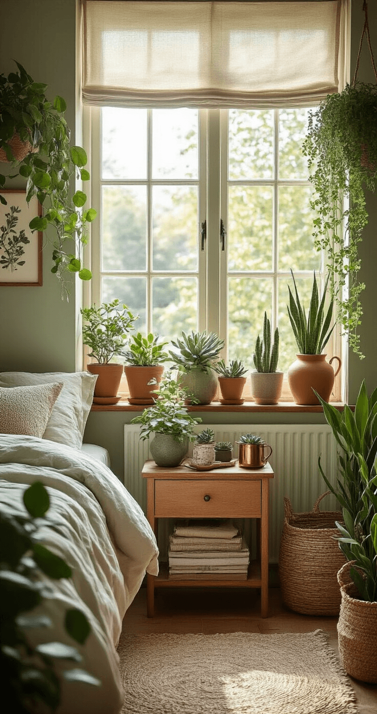 Jouw Slaapkamer Omtoveren tot een Gezellige Oase: Mijn Complete Gids Photorealistic Dutch bedroom featuring living plants, a south-facing window, and natural decor elements, with a cozy arrangement of potted plants, eucalyptus branches, and succulents, all under bright morning sunlight.