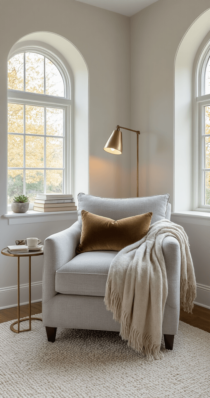 Jouw Slaapkamer Omtoveren tot een Gezellige Oase: Mijn Complete Gids Photorealistic Dutch bedroom reading nook featuring a comfortable grey armchair and side table with brass legs, highlighted by warm afternoon light from an architectural window alcove, adorned with a cashmere throw, velvet pillow, and a soft wool rug, accented by a stack of books, a ceramic cup, a succulent, and reading glasses, creating an inviting atmosphere.