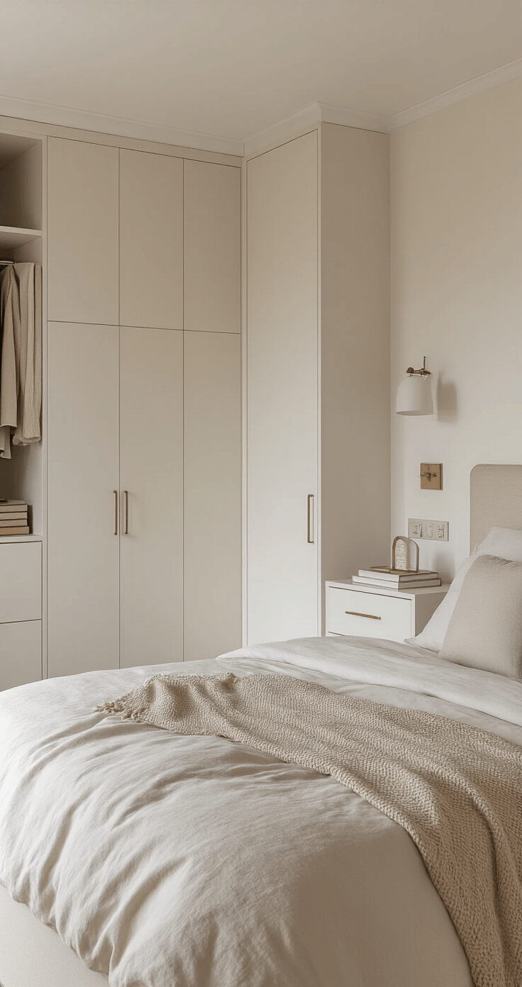Jouw Slaapkamer Omtoveren tot een Gezellige Oase: Mijn Complete Gids Photorealistic image of a minimalist Dutch bedroom featuring built-in wardrobes, organized surfaces, and intentional negative space; styled with soft cotton bedding, polished chrome handles, and natural wood tones under midday natural lighting.