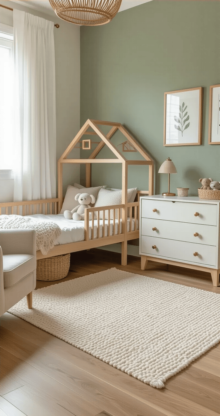 Peuterkamer voor jongens inrichten: Van chaos naar droomkamer in 7 stappen Professionele fotografie van een ruime peuterkamer met een houten bed in de vorm van een huis, tegen een saliegroene accentmuur. Natuurlijk licht valt door witte gordijnen op de eikenhouten vloer en een zacht crèmekleurig wollen vloerkleed. Een witte junior commode met messing knoppen staat ernaast, verlicht door een tafellamp met warme Edison gloeilamp. De kamer heeft een gezellige leeshoek met een beige linnen fauteuil en is sfeervol gestyled met een rieten mand vol knuffeldieren en ingelijste natuurprints op peuterhoogte.