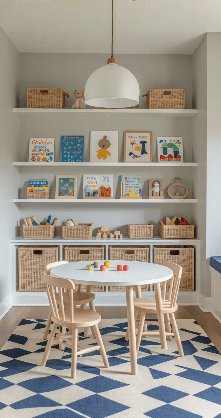 Peuterkamer voor jongens inrichten: Van chaos naar droomkamer in 7 stappen Interieurfoto van een speelhoek in een peuterkamer met een ronde witte houten tafel en twee bijpassende stoelen op een grote geometrische speelmat in marineblauw en crème. Zachte middaglicht verlicht de ruimte met ingebouwde lage witte planken gevuld met kleurrijke prentenboeken en houten speelgoed in georganiseerde bamboe manden. De hoek heeft zacht dove grijze muren met magnetische strips voor kunstwerken. Een kleine vintage-stijl hanglamp hangt boven het tafelgebied. Materiaal omvat natuurlijk berkenhout, katoenen textiel en vilten opbergdozen.