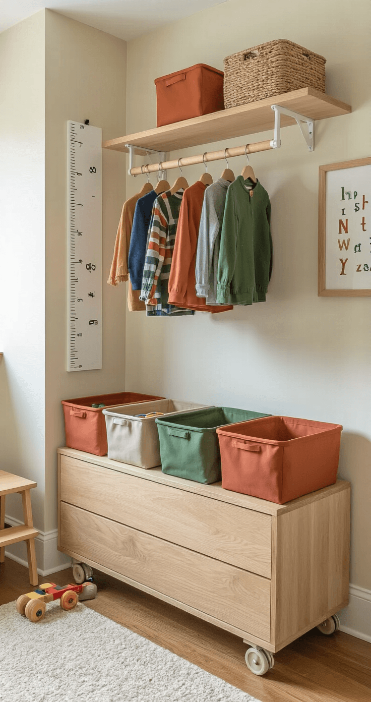 Peuterkamer voor jongens inrichten: Van chaos naar droomkamer in 7 stappen Sterke interieurshot van een peuterkamer met innovatieve opbergoplossingen, inclusief een grote opbergdoos op wielen van natuurlijk hout onder een kledingstang met kleurrijke kleding. Labeled opbergbinnen in aardetinten op zwevende planken, houten vloeren en crème muren, met een groeiwijzer en alfabetprenten aan de muur. Een klein opstapje staat in de hoek voor onafhankelijkheid, vastgelegd vanuit een driekwarthoek met natuurlijk licht en subtiele invulverlichting.