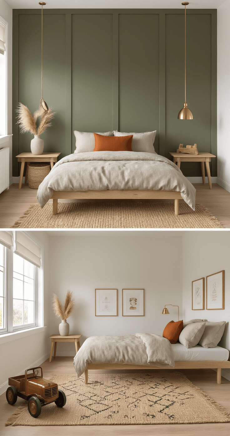 Peuterkamer voor jongens inrichten: Van chaos naar droomkamer in 7 stappen Interieurfoto van een kinderkamer met een legergroene accentmuur, warme witte wanden, natuurlijke houtaccenten, een eenvoudig platformbed met neutrale linnengoed, een roestkleurige kussen, een wandlamp van messing, licht eiken vloeren en een jute vloerkleed met geometrische patronen. Decoratieve elementen zijn onder andere een vintage houten speelgoedauto, gedroogde pampasgras in een keramische vaas en subtiele koperen fotolijsten, met natuurlijk licht tijdens het gouden uur.