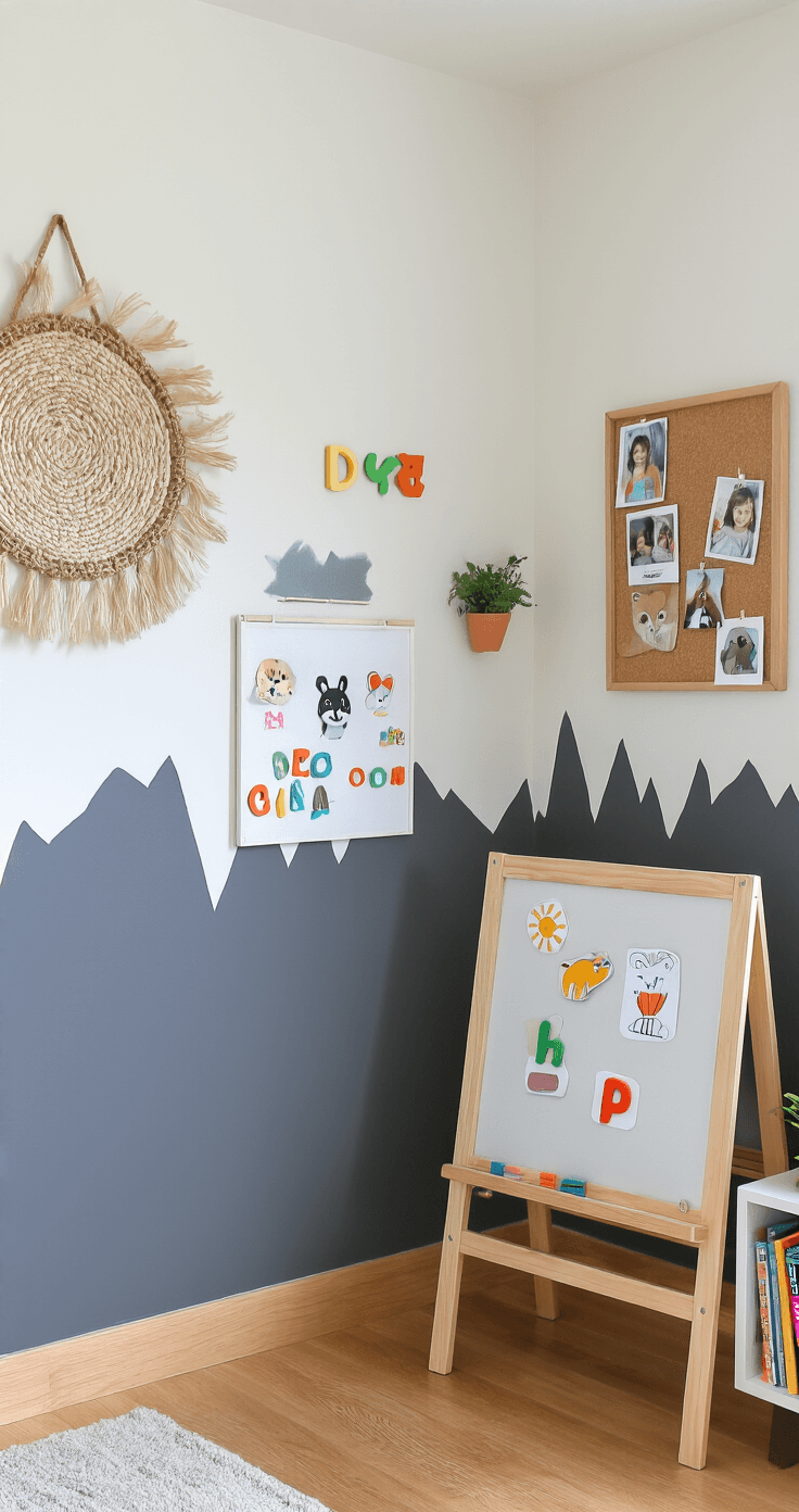 Peuterkamer voor jongens inrichten: Van chaos naar droomkamer in 7 stappen Creatieve wanddecoratie in een slaapkamer met magnetische verf in antracietgrijs op de onderste helft en witte bovenwanden, met natuurlijk houten afwerking. De muur toont peutertekeningen en magnetische letters op kinderhoogte, met een klein houten ezel ernaast op bamboevloer. Zacht ochtendlicht belicht texturen zoals een geweven wandkleed, een kurkbord met gezinsfoto's en afneembare muurstickers van bosdieren. In de hoek staat een laag wit boekenplank met kleurrijke ruggen en een kleine groene plant. Opgenomen vanuit kinderooghoogte met zachte richtingsverlichting.