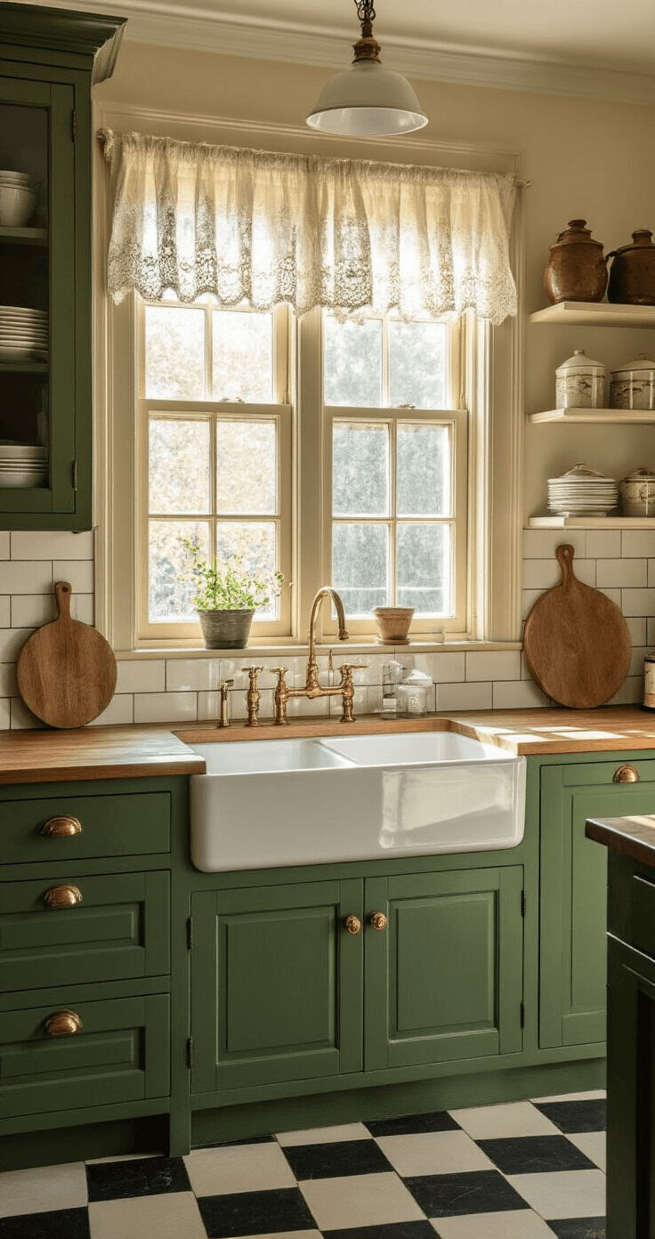 Ouderwetse Keuken Inrichten: Van Saai naar Sprookjesachtig in 7 Stappen A cozy traditional Dutch kitchen featuring monument green lower cabinets and cream upper cabinets, with golden hour light streaming through lace-curtained windows, illuminating a farmhouse sink, black and white checkered floor, and vintage enamel storage tins on open shelving.