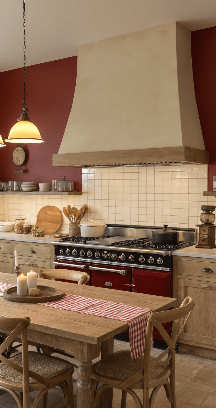 Ouderwetse Keuken Inrichten: Van Saai naar Sprookjesachtig in 7 Stappen Brede hoekopname van een keukendiningruimte met een grote 6-pits gietijzeren fornuis, warme pendellampen van crèmekleurig emaille werpen amberlicht op een rustieke houten eettafel. Ossenbloedrode accentmuur contrasteert met beige en natuurlijke houttinten. Vintage koffiegrinder aan de muur, geruite theedoeken over houten stoelen. Avondstemming met flikkerende kaarsen op de tafel. Camera vanuit de eetruimte gericht op de kookzone, vastleggend op de verzamelruimte met gelaagde verlichting die een intieme sfeer creëert.