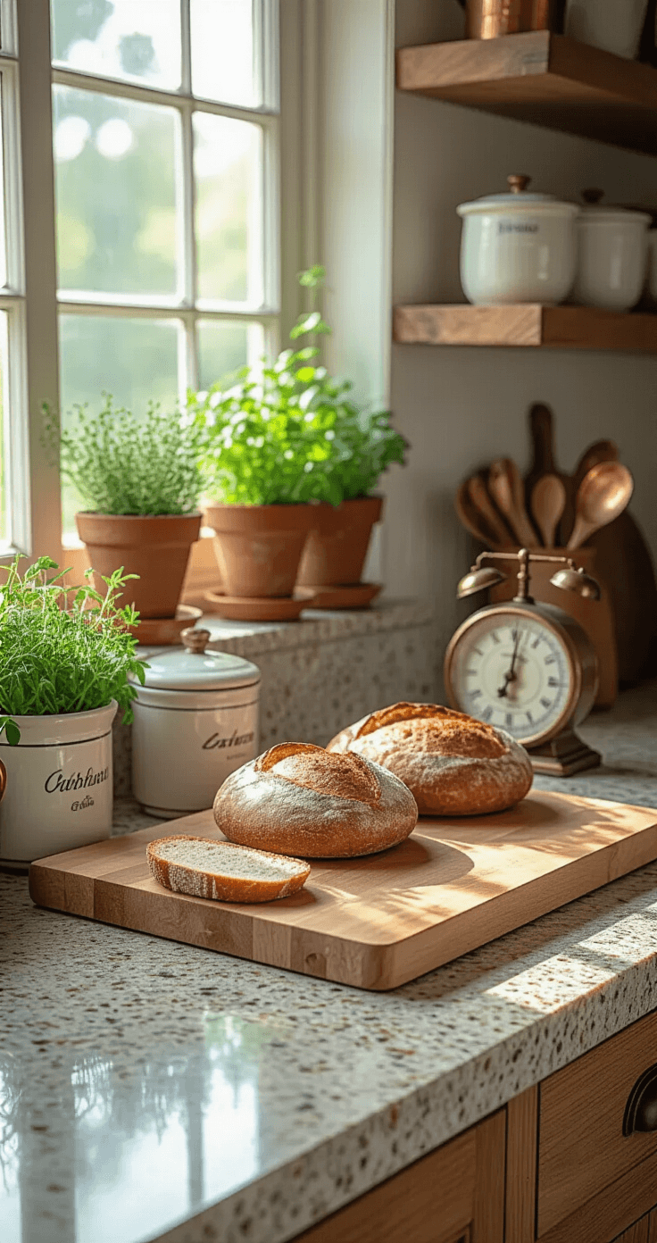Ouderwetse Keuken Inrichten: Van Saai naar Sprookjesachtig in 7 Stappen Details van een keukenwerkruimte met warme, geë veerde granieten aanrechtbladen en robuuste houten snijplanken, met brood en koperen keukengerei. Het middaglicht accentueert het contrast tussen de gladde steen en het ruwe hout. Een vintage weegschaal met messing details en keramische kanisters met Nederlandse inscripties. Verse kruiden in terracotta potten sieren de vensterbank. Camerahoek vanuit een werkpositie, die de functionele schoonheid van de materialen benadrukt met een kleurenpalet van warme grijstinten, honinghouten tinten en koperen accenten. Natuurlijke slijtage op de snijplanken vertelt verhalen van dagelijks gebruik.