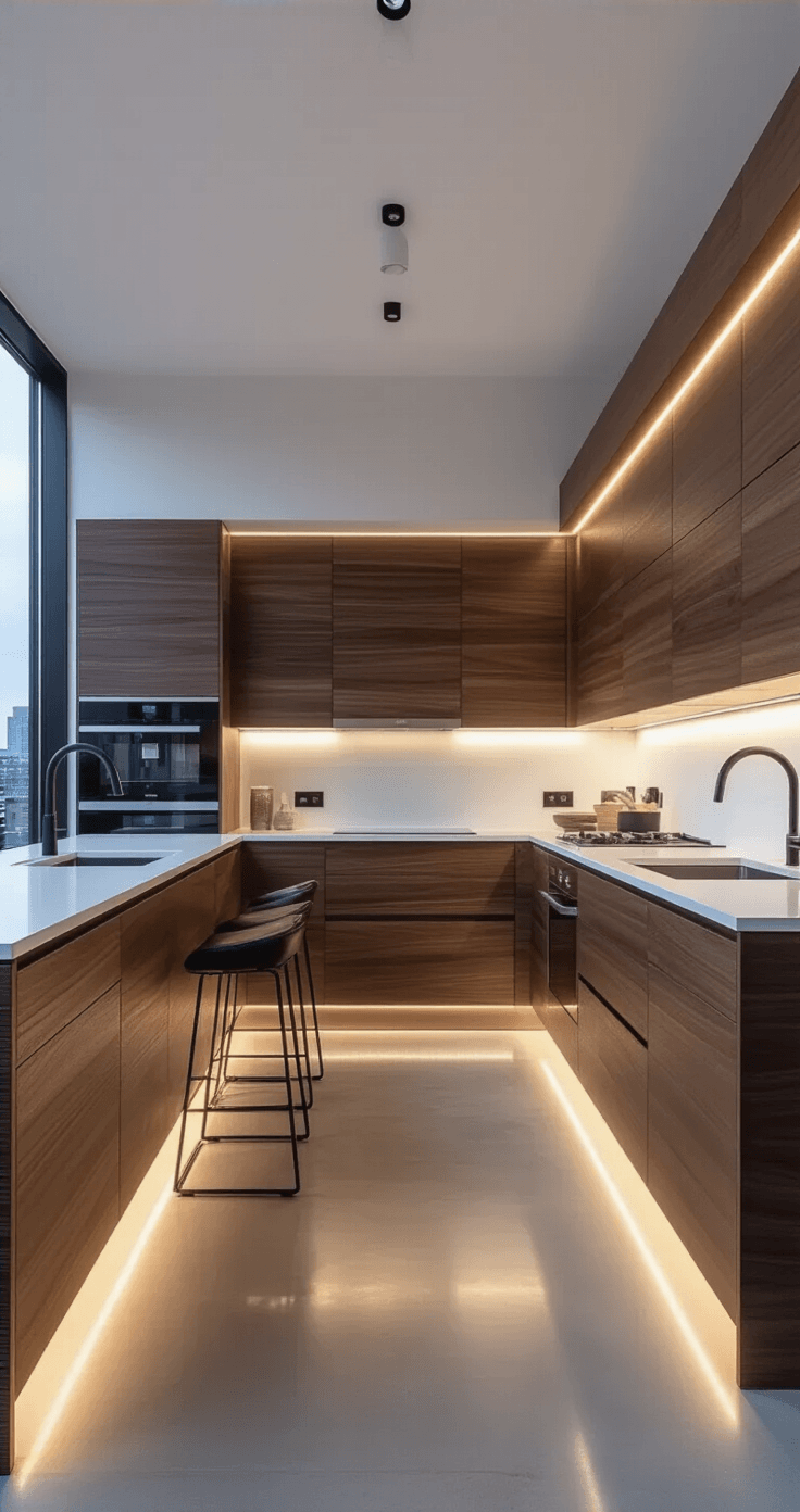 Waarom een Walnoot Keuken de Perfecte Keuze is voor Jouw Droomhuis Sleek contemporary Dutch kitchen with handleless walnut cabinets, white composite countertops, and integrated LED lighting, featuring city views and polished concrete flooring.