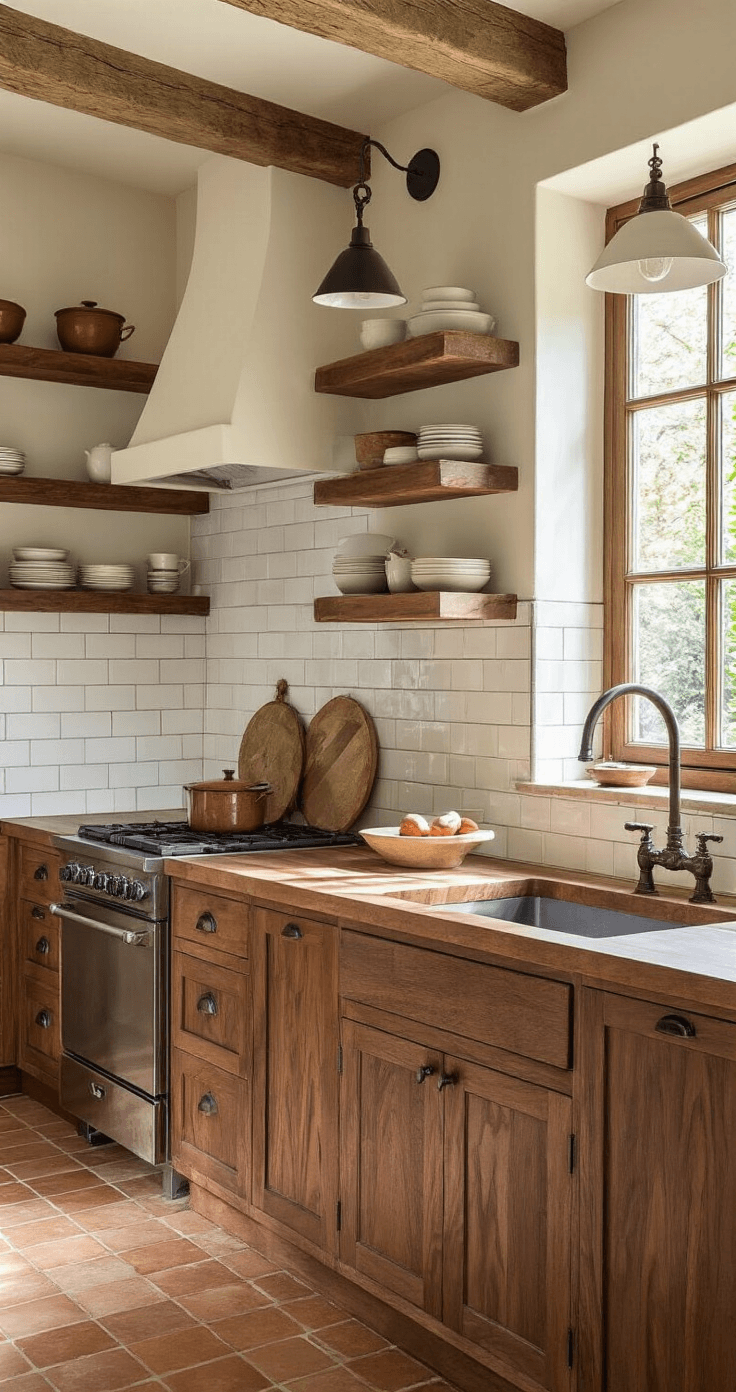 Waarom een Walnoot Keuken de Perfecte Keuze is voor Jouw Droomhuis Charming Dutch kitchen with walnut lower cabinets and natural stone accents, featuring thick butcher-block countertops, cream-painted upper cabinets, and a farmhouse sink, all bathed in golden afternoon light.