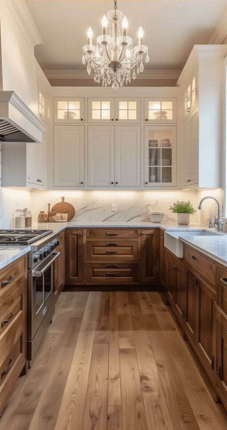 Waarom een Walnoot Keuken de Perfecte Keuze is voor Jouw Droomhuis Traditional Dutch kitchen with walnut lower cabinets and white upper cabinets, Carrara marble countertops, hardwood flooring, and a crystal chandelier, captured in soft evening light.