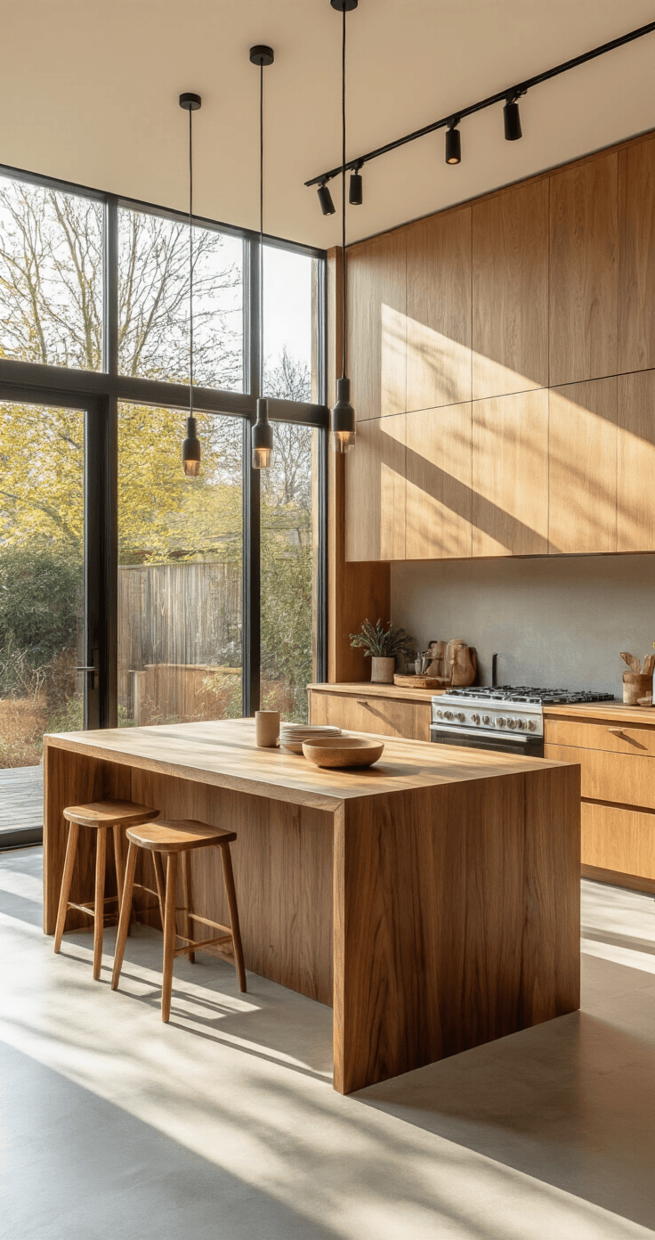 Waarom een Walnoot Keuken de Perfecte Keuze is voor Jouw Droomhuis Contemporary Dutch open-plan kitchen featuring warm wood tones, including walnut lower cabinets, light oak upper units, and birch accents, illuminated by afternoon sunlight through floor-to-ceiling windows, with a live-edge walnut breakfast bar and polished concrete floors.