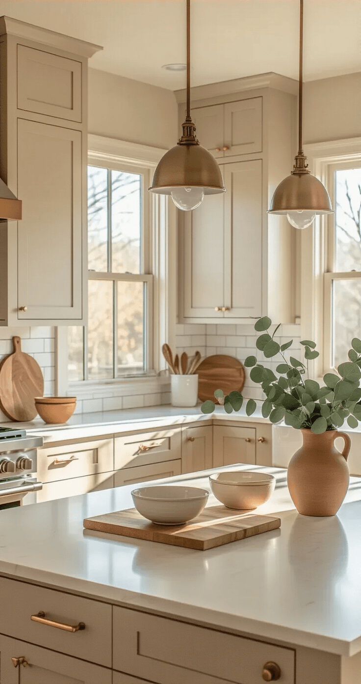 Zandkleurige Keuken: Jouw Gids Voor De Warmste Keukentrend Van 2026 Professionele interieurfoto van een warm zandkleurige keuken met paddestoelbeige kasten, gefotografeerd vanuit een driekwarthoek met gouden uurlicht dat door grote ramen stroomt.