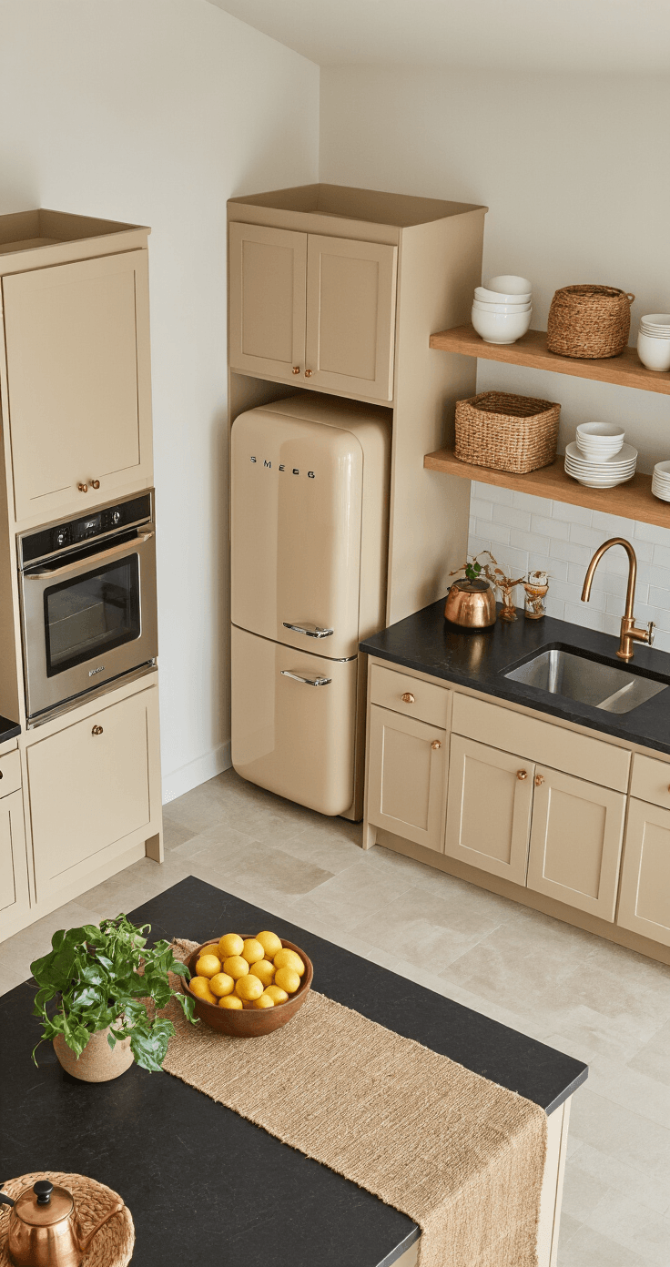 Zandkleurige Keuken: Jouw Gids Voor De Warmste Keukentrend Van 2026 Professionele lifestylefotografie van een zandkleurige keuken met bijpassende beige apparaten, vastgelegd vanuit een verhoogde hoek tijdens natuurlijk licht in de late ochtend. Ruimtelijke L-vormige indeling met oatmeal-kleurige schuderkasten tot aan het plafond, een retro SMEG-koelkast en oven in warme woestijnzandafwerking, zwart granieten aanrechtbladen, vergulde kraan en kastgrepen, open zwevende planken met witte keramiek, geweven manden en hangende pothosplanten, een jute tafelkleed op het centrale eiland met verse citroenen in een houten kom en een koperen koffiepot.