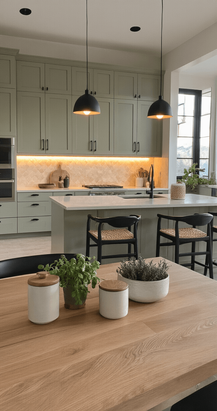 Zandkleurige Keuken: Jouw Gids Voor De Warmste Keukentrend Van 2026 Cinematische interieurfoto van een zand- en saliegroene keuken met warme taupe onderkasten en zachte saliegroene bovenkasten, verlicht tijdens de blauwe uurtijd; open concept met natuurlijke eikenhouten werkbladen en matte zwarte hardware, onderkastverlichting benadrukt de textuur van de crème natuurstenen backsplash, met een eetgedeelte en zwartgeklede barkrukken in beeld.
