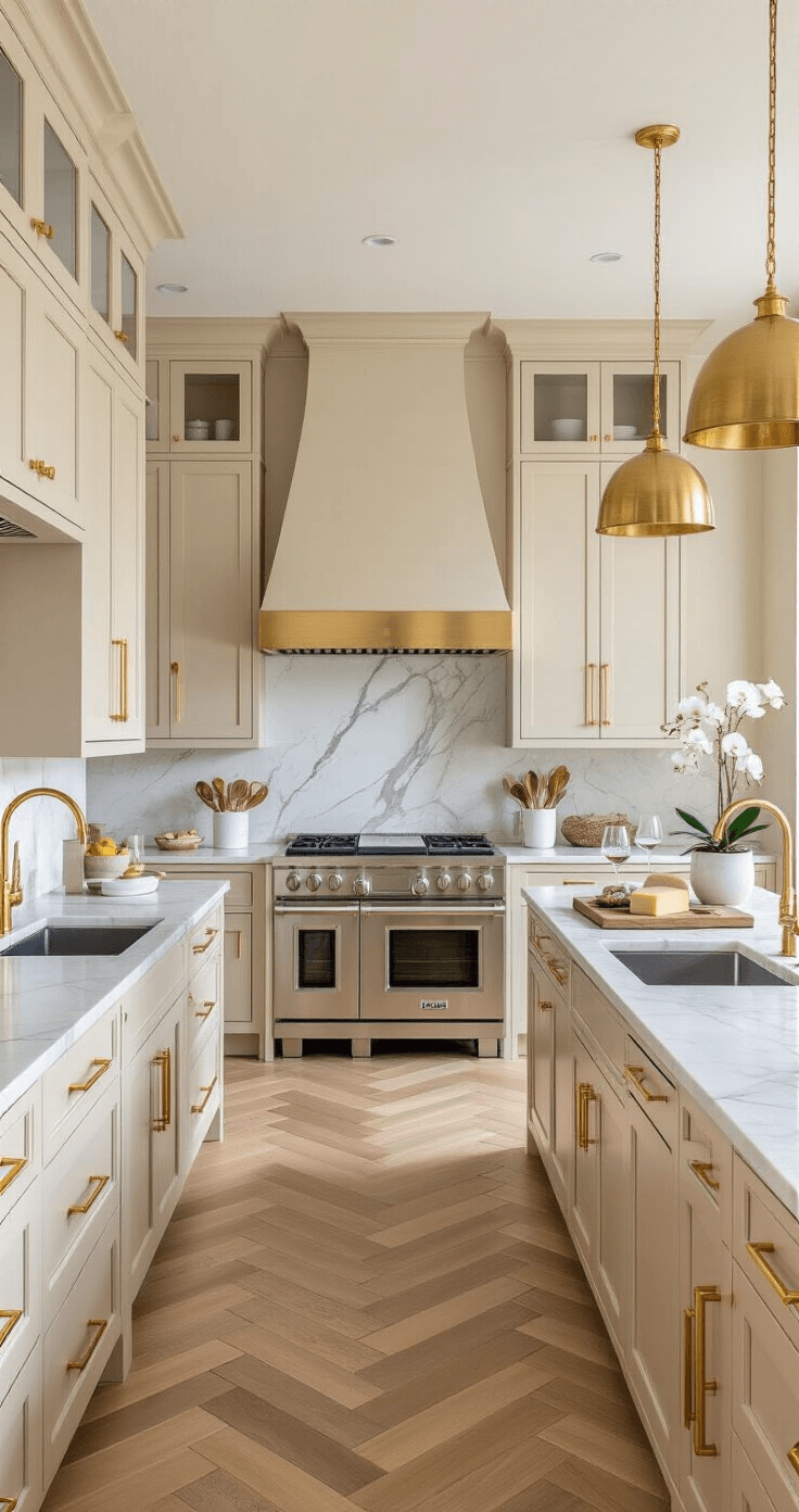 Zandkleurige Keuken: Jouw Gids Voor De Warmste Keukentrend Van 2026 Hoge kwaliteit architectonische fotografie van een zandkleurige keuken met gouden accenten, vanuit de ingang van de keuken gefotografeerd in helder middaglicht.