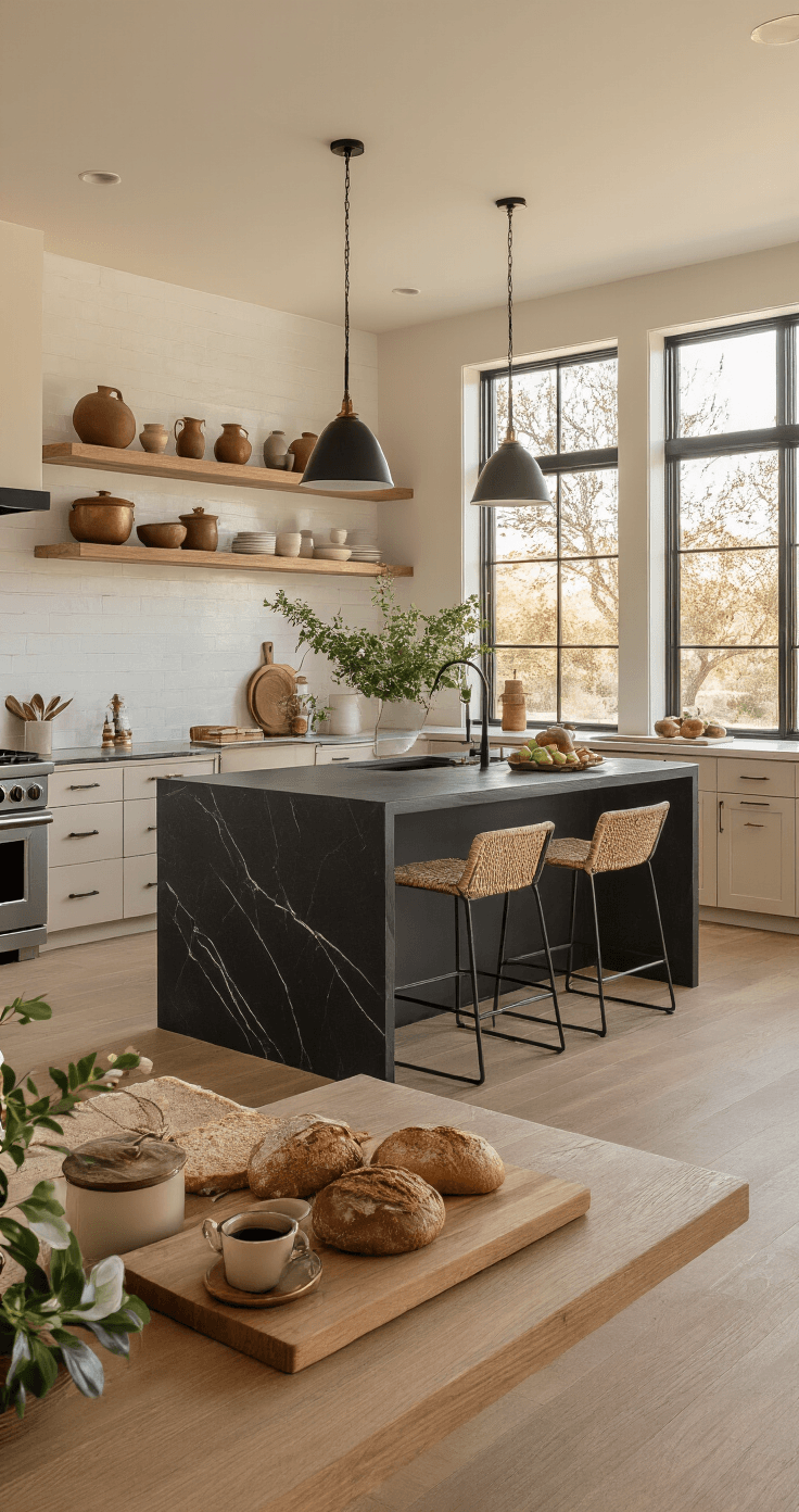 Zandkleurige Keuken: Jouw Gids Voor De Warmste Keukentrend Van 2026 Moderne keuken in een zwart en zandkleurig contrast, vastgelegd vanuit een hoek van de eethoek tijdens het gouden uur. Warme zandkleurige kasten en een diep charcoal zwart kwarts eiland vormen een dramatisch middelpunt. Witte eiken planken met aardse potten, koperen potten en verse groenplanten. Zwarte roestvrijstalen apparaten integreren naadloos. Styling met vers brood op een houten snijplank, vintage messing schalen met seizoensfruit en een koffieset met keramische mokken in bijpassende zandtinten. Grote ramen laten warm avondlicht binnen, met lange schaduwen op de white oak plankvloer.