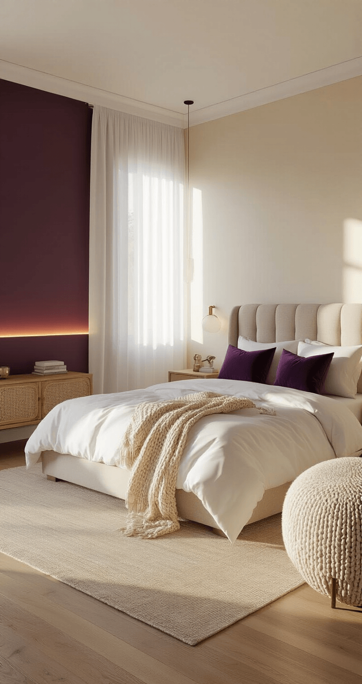 Aubergine in de Slaapkamer: Zo Creëer Je een Warme, Intieme Ruimte Fotorealistisch interieur van een middelgrote moderne slaapkamer met een dramatische aubergine accentmuur achter een gecapitonneerd hoofdeinde, verlichte door gouden zonlicht dat door sheer witte gordijnen stroomt. Een king-size bed met frisse witte katoenen lakens en diepe paarse fluwelen kussens staat centraal, omringd door natuurlijke rotan nachtkastjes en een plush ivoorkleurige bouclé fauteuil in de hoek. Warme LED-verlichting achter het hoofdeinde creëert een zachte gloed tegen de rijke aubergine muur.