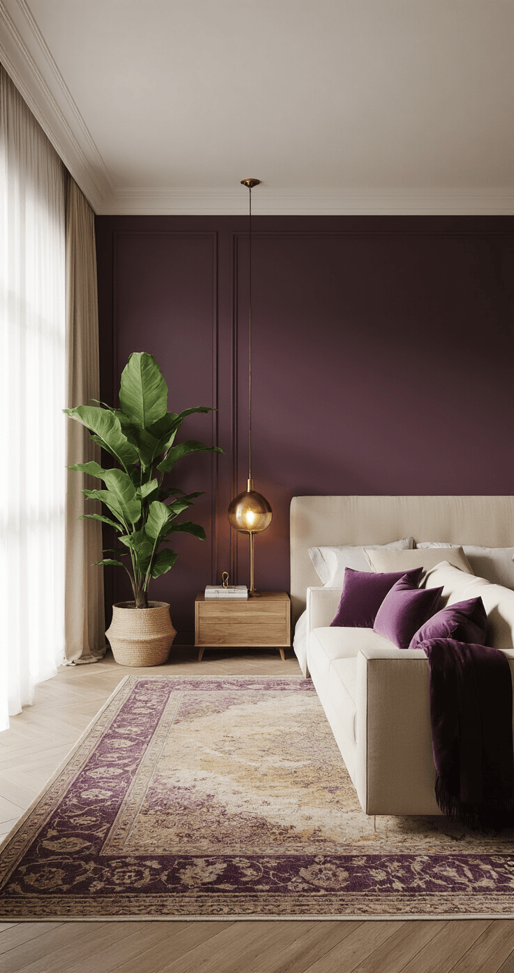 Aubergine in de Slaapkamer: Zo Creëer Je een Warme, Intieme Ruimte Fotorealistisch breedbeeld van een elegante master slaapkamer met een aubergine en crème kleurenpalet in de late namiddag. Hoogtepunten zijn de vloer-tot-plafond ramen die natuurlijk licht op de warme witte muren werpen, en een diepe paarse accentmuur. Een chique zitgedeelte met een crème linnen bank en aubergine fluwelen kussens staat bij een grote jade groene fiddle leaf fig plant. Rijke texturen zijn aanwezig door een Perzisch tapijt in gedempte goud- en paarstinten, natuurlijke houten oppervlakken op zwevende nachtkastjes en doorschijnende witte gordijnen die het gouden licht filteren. Messing tafellampen creëren intieme lichtplekken. Camerastandpunt vanuit de hoek van de kamer op een lichte hoogte, benadrukt de ruime en toch gezellige sfeer.