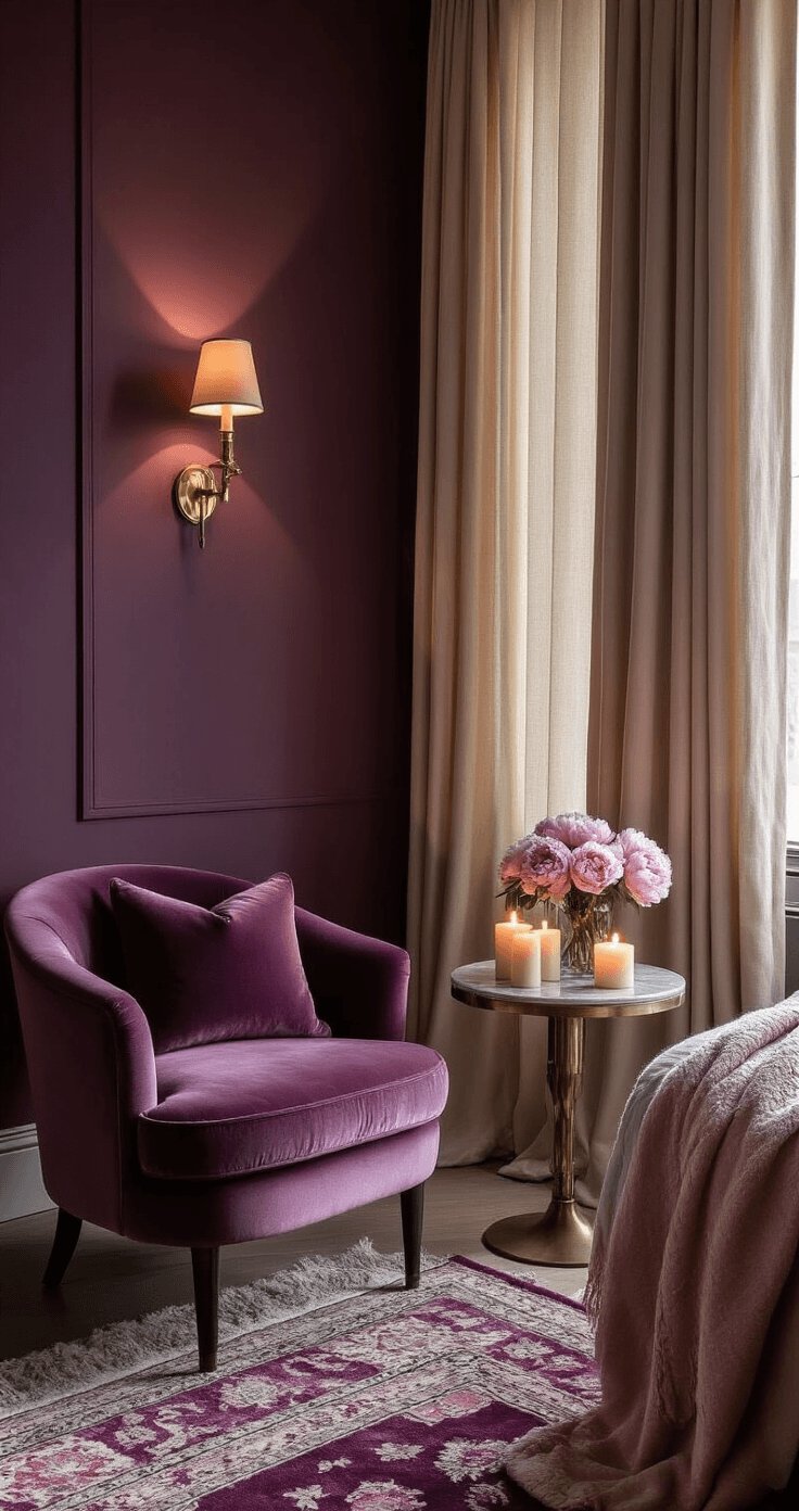 Aubergine in de Slaapkamer: Zo Creëer Je een Warme, Intieme Ruimte Intieme close-up van een luxueuze slaapkamerhoek met aubergine en zachtroze details, zachte avondverlichting van dimbare wandlampen die dramatische schaduwen werpen op de textuur van de diepe aubergine muren, en een fluwelen fauteuil in stofroze naast een ronde bijzettafel met brandende kaarsen en verse pioenrozen.