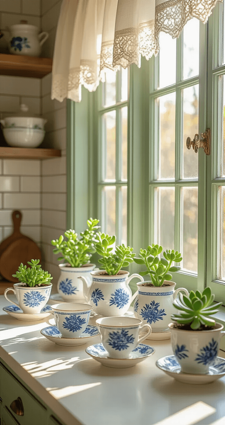 Transformeer Jouw Oude Servies in Prachtige Woonaccessoires Interior photography of a bright kitchen featuring vintage teacup planters with jade plants on a white windowsill, illuminated by golden hour light, showcasing floral china and a cozy Dutch cottage atmosphere with shabby-chic details.
