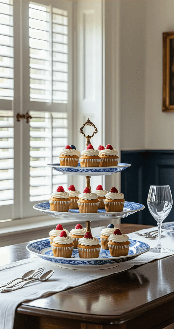 Transformeer Jouw Oude Servies in Prachtige Woonaccessoires Elegant three-tiered serving stand made of vintage blue Delft porcelain displaying artisanal cupcakes, set on a dark oak dining table in a traditional Dutch interior with soft morning light filtering through white plantation shutters.