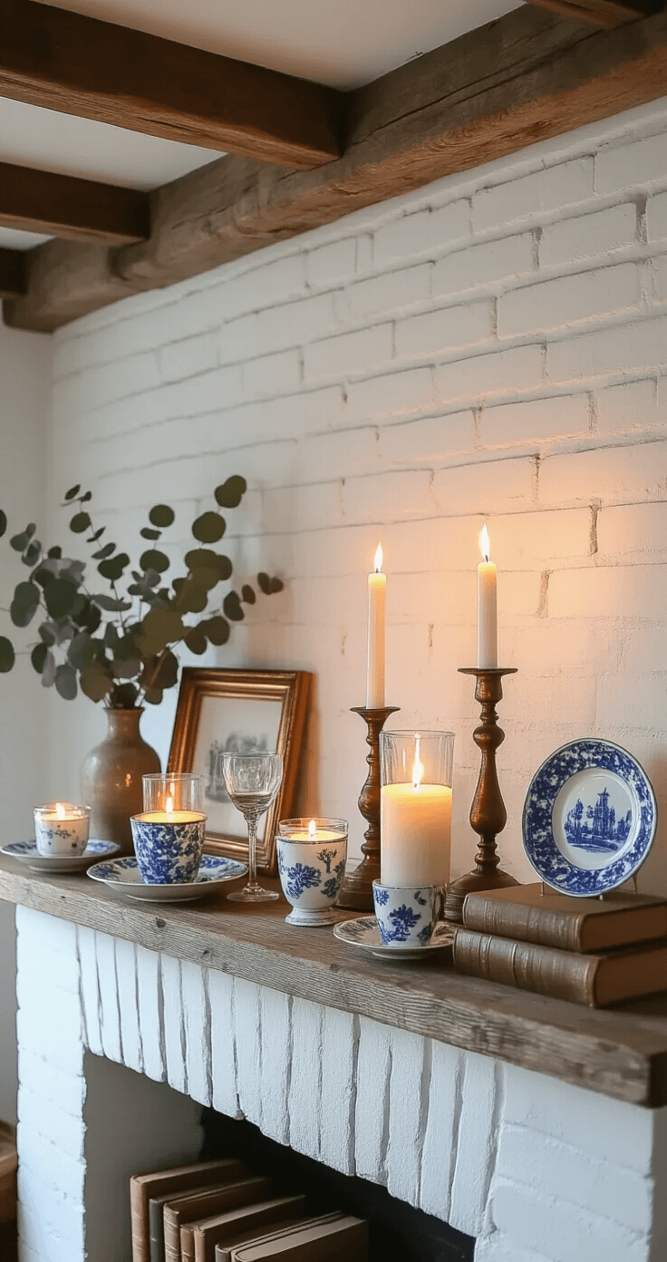 Transformeer Jouw Oude Servies in Prachtige Woonaccessoires Atmosferische avondfoto van handgemaakte kaarsenhouders van vintage glaswerk en porseleinen borden op een rustieke houten schoorsteenmantel, met warme kaarslicht en dramatische schaduwen op een witgepleisterde muur, omgeven door gedroogde eucalyptus, antieke fotolijsten en verouderde boeken in een gerenoveerd Nederlands boerderij-interieur.