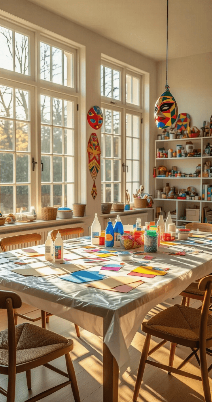 Carnaval Knutselen: 15 Geniale DIY-ideeën Voor Een Spetterend Feest Thuis Medium shot of a Dutch living room transformed into a vibrant carnival craft workshop, featuring a dining table covered in colorful mask-making supplies and completed glittery masks hanging from a string clothesline, illuminated by warm afternoon sunlight.
