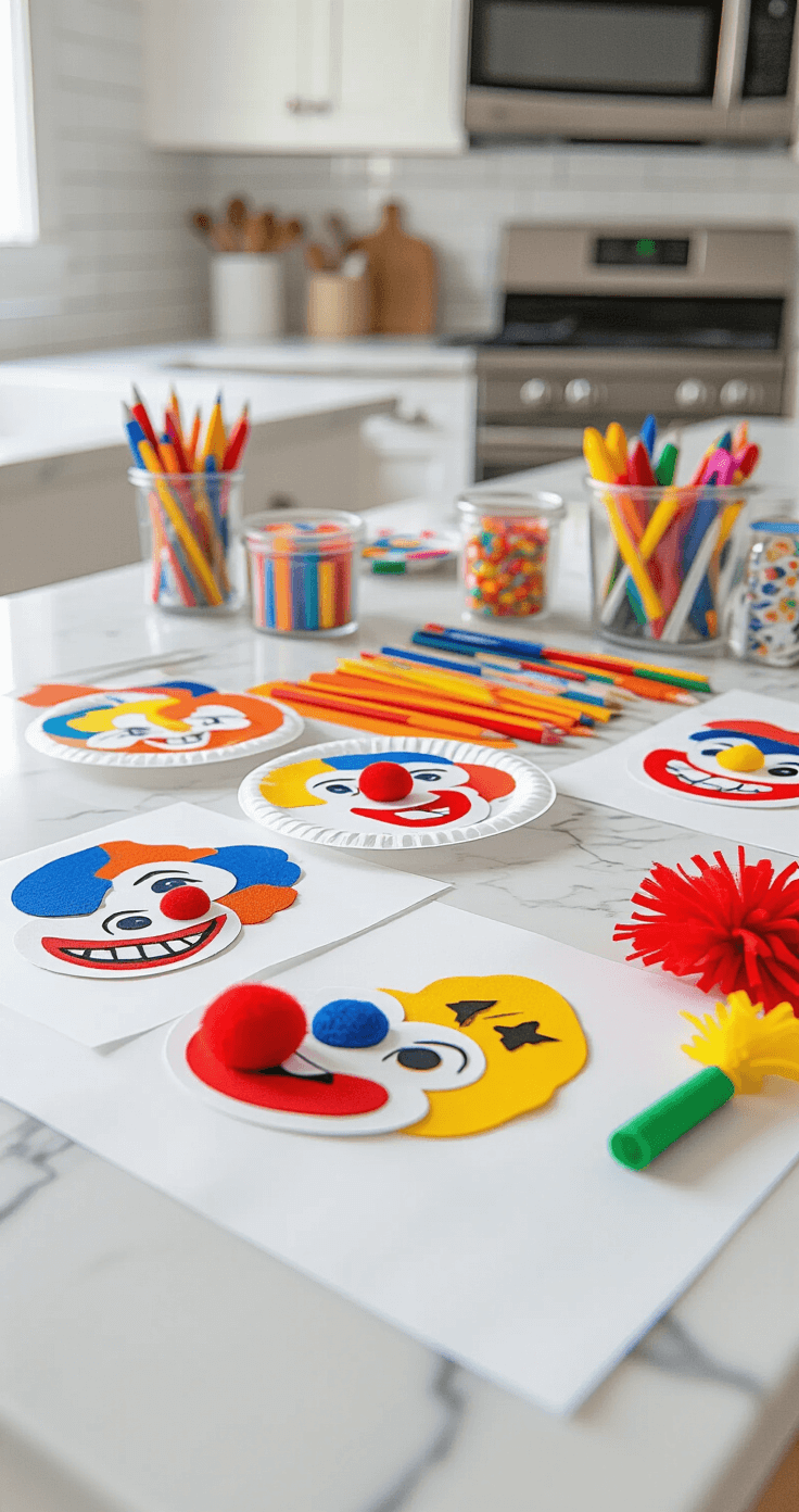 Carnaval Knutselen: 15 Geniale DIY-ideeën Voor Een Spetterend Feest Thuis Close-up of a vibrant carnival craft station on a Dutch kitchen island, featuring white paper plates as canvases for clown face designs, surrounded by colorful felt-tip markers, felt pompoms, and pre-cut crepe paper. The image highlights the intricate details and textures of the crafting materials with professional lighting enhancing the creative atmosphere.