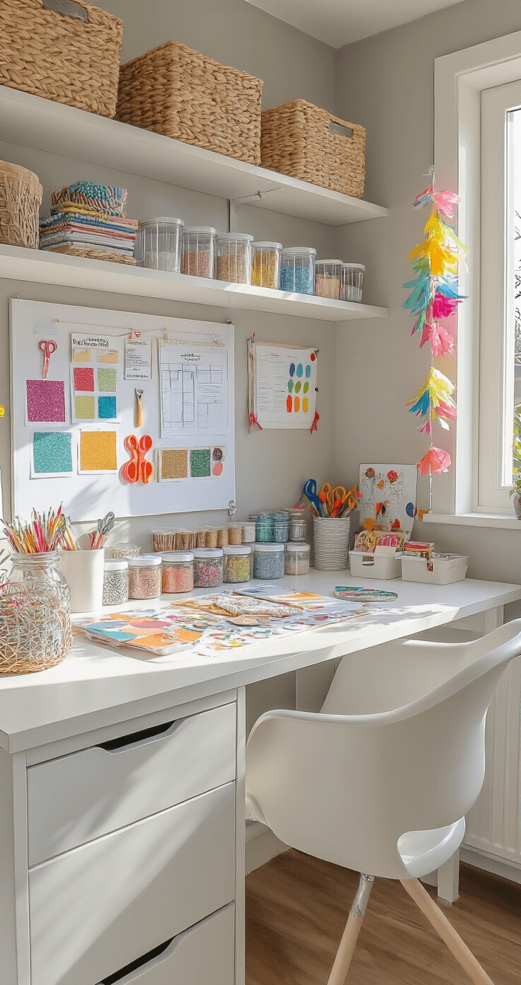 Carnaval Knutselen: 15 Geniale DIY-ideeën Voor Een Spetterend Feest Thuis Brightly lit Dutch home office corner optimized for carnival preparation, featuring organized craft supplies in labeled containers, a tidy IKEA-style desk, and an inspiration board with decoration examples, all accentuated by light gray walls and built-in white shelving.
