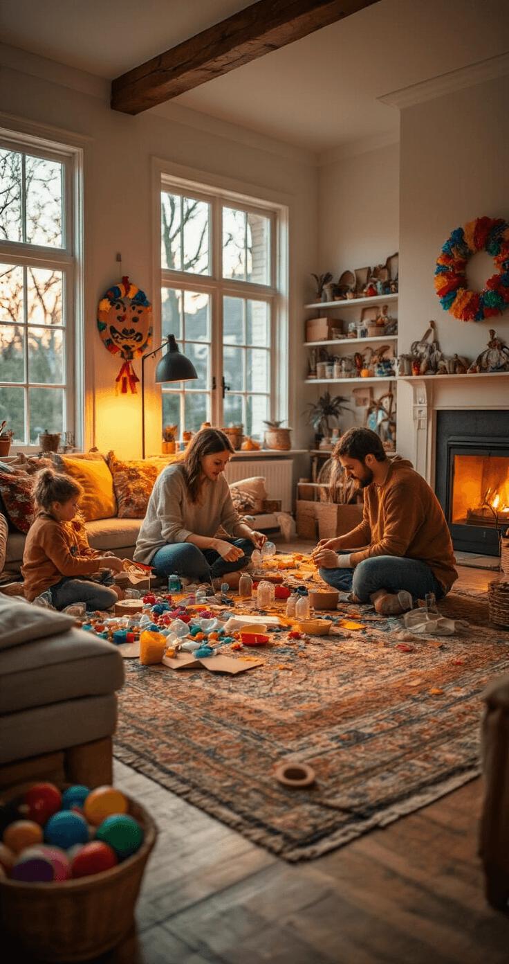 Carnaval Knutselen: 15 Geniale DIY-ideeën Voor Een Spetterend Feest Thuis A warm and inviting family room in a Dutch home during a carnival crafting session, featuring exposed beams and a spacious layout. The area is set up for creative activities with comfortable furniture pushed aside and a large rug covered in various craft materials including empty plastic bottles, colorful tissue paper, and containers of rice and beads. Works in progress, such as door wreaths and carnival-themed games, are displayed on built-in shelving. Modern floor lamps and a glowing fireplace enhance the cozy ambiance, while vibrant craft colors stand out against a neutral palette.