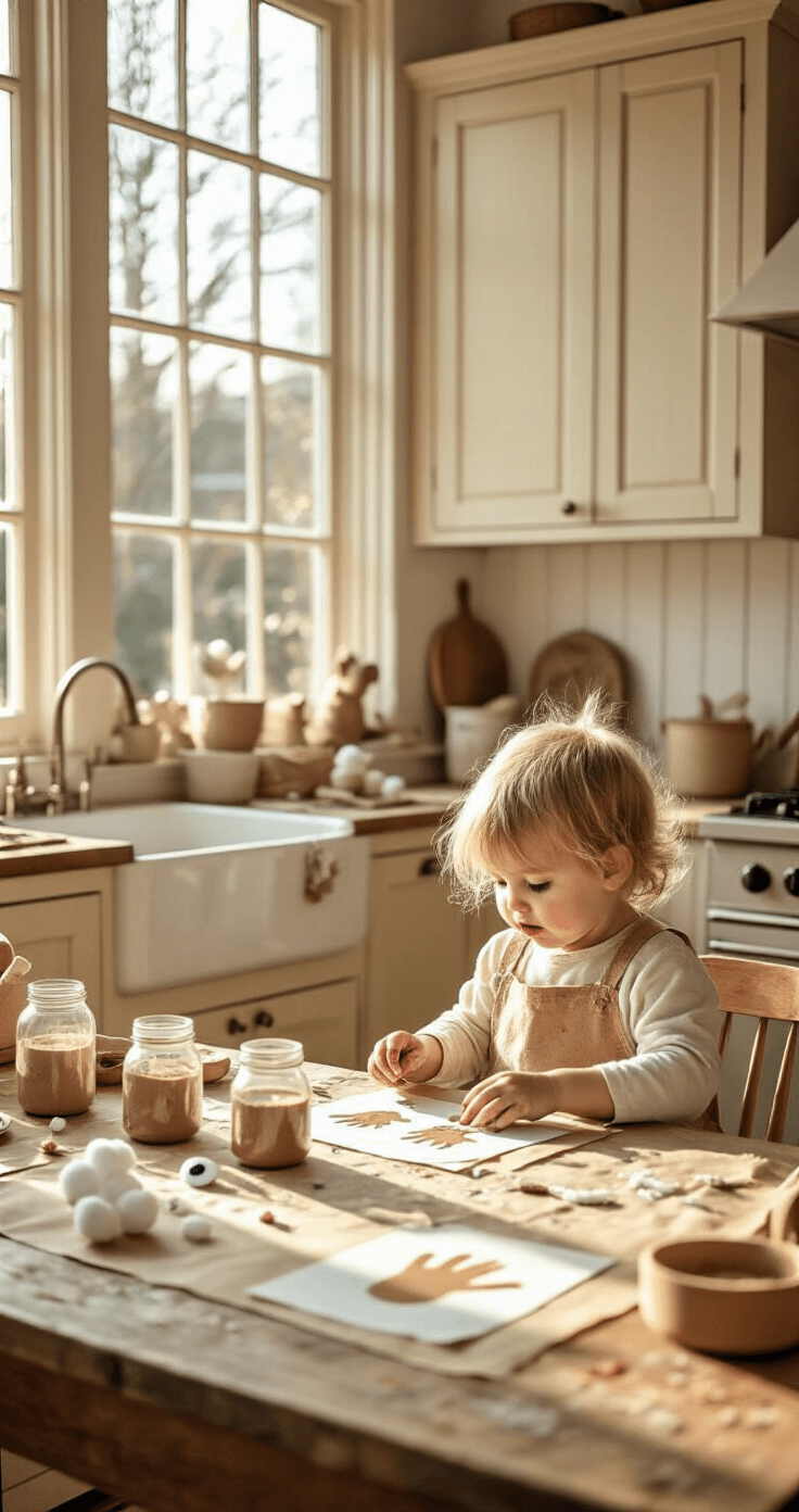 Kerstknutselen met Kinderen: Magische Herinneringen Maken in de Feestmaand A cozy Dutch kitchen filled with golden afternoon light, featuring toddlers engaged in kerstknutselen. The scene showcases a rustic farmhouse table covered in brown kraft paper, with glass jars of paint, cotton balls, and half-finished crafts. A blonde toddler in paint-splattered overalls focuses intently on creating art, surrounded by a magical atmosphere of floating glitter.