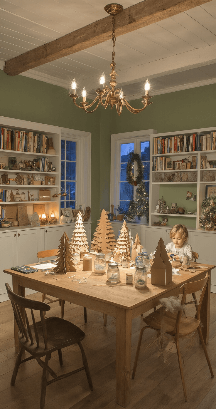 Kerstknutselen met Kinderen: Magische Herinneringen Maken in de Feestmaand A cozy Dutch family room during blue hour, showcasing school-age children engaged in advanced Christmas crafting at a large pine dining table, surrounded by creative projects like 3D cardboard Christmas trees, snow globe jars, glowing milk carton houses, and braided paper wreaths, all under warm, soft lighting.
