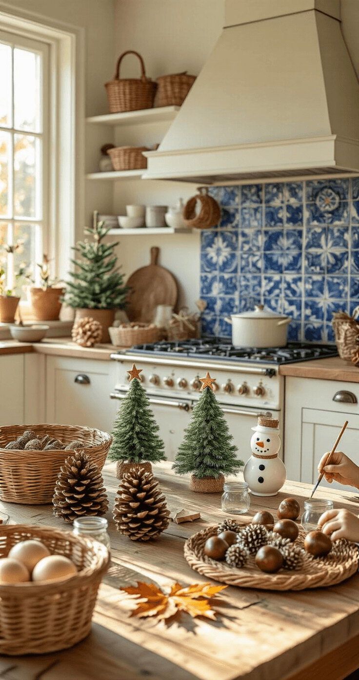 Kerstknutselen met Kinderen: Magische Herinneringen Maken in de Feestmaand A warm, sunlit traditional Dutch kitchen with white farmhouse cabinets and Delft blue tiles, featuring a crafting session with children painting pinecone decorations at a large wooden table surrounded by natural materials like painted pinecones, twisted branches, and chestnuts.
