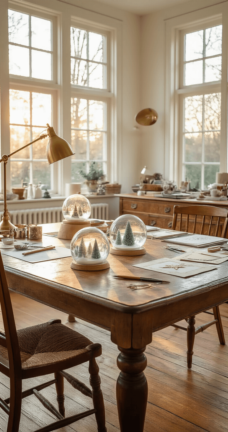 Kerstknutselen met Kinderen: Magische Herinneringen Maken in de Feestmaand A sophisticated Dutch dining room transformed into a crafting studio, featuring a gleaming antique oak table surrounded by organized craft supplies and intricate handmade Christmas projects during golden hour.