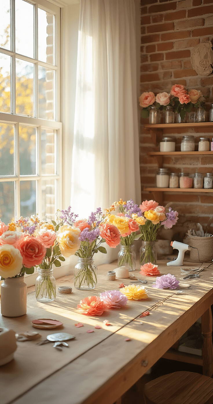 Knutselen met Geld: Slimme DIY-projecten die je Portemonnee Blij Maken Cozy Dutch crafting room at golden hour, featuring a large west-facing window, vintage wooden craft table adorned with colorful crepe paper flowers, scattered supplies, and mason jars of handmade paper roses against a warm cream brick wall and honey oak hardwood floors.