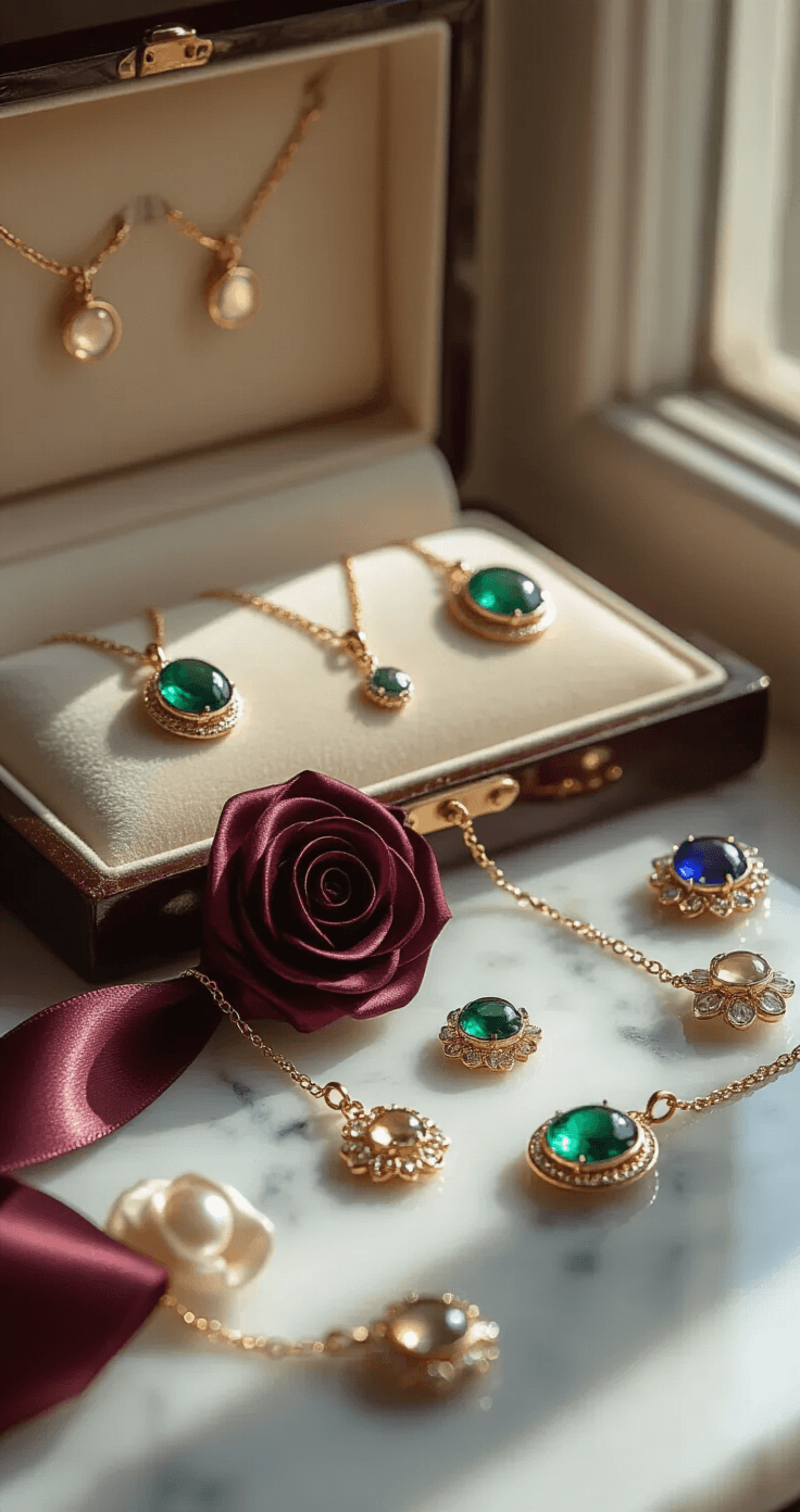 Knutselen met Geld: Slimme DIY-projecten die je Portemonnee Blij Maken Close-up van een elegante handgemaakte sieradententoonstelling op marmeren oppervlak, met delicate satijnen rozen in diep bordeaux en champagnegoud, kleurveranderende hangers in smaragdgroen en saffierblauw, en metallic sieraden in roségoud die het zachte ochtendlicht opvangen, met een vintage sieradendoos op de achtergrond.