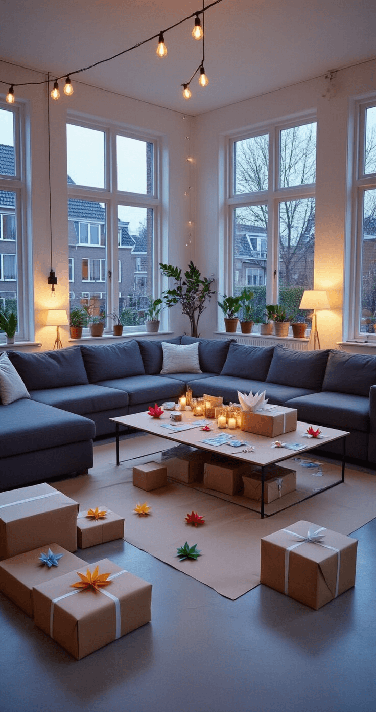 Knutselen met Geld: Slimme DIY-projecten die je Portemonnee Blij Maken Wide shot of a modern Dutch living room converted into a cozy gift-wrapping station with a sectional sofa, table covered in kraft paper and origami money flowers, warm string lights, gift boxes, and minimalist decor.
