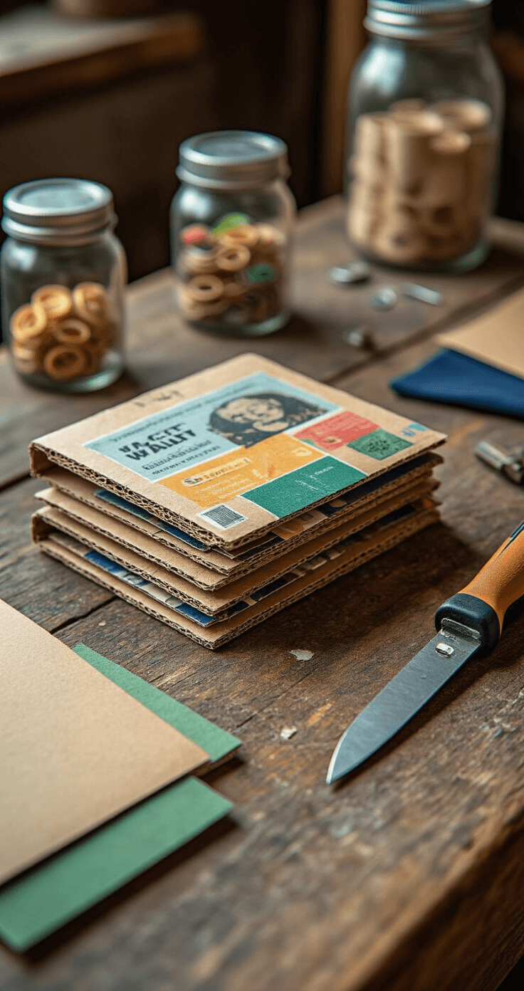 Knutselen met Geld: Slimme DIY-projecten die je Portemonnee Blij Maken Macro-opname van het bouwproces van een magisch portemonnee op een verweerde houten werkbank, met gerecycled karton, kleurrijke tijdschriftpagina's, en stofresten in marineblauw en bosgroen, gefotografeerd vanuit een 90-graden hoek met hoge belichting die texturen benadrukt.